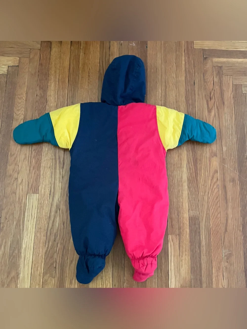 Colorblock Vintage Baby Snowsuit with Train Embroidery - Red, Navy, Yellow, Teal